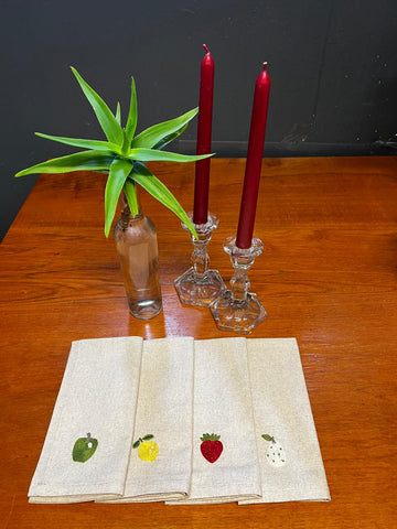 Set of 5 Hand Embroidered Pure Linen Cotton Serviettes - Apple, Cherry, Lemon, Pear, Strawberry