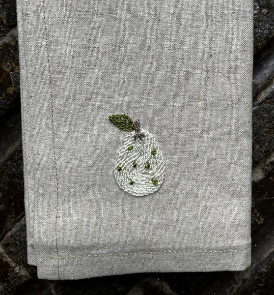 Set of 5 Hand Embroidered Pure Linen Cotton Serviettes - Apple, Cherry, Lemon, Pear, Strawberry
