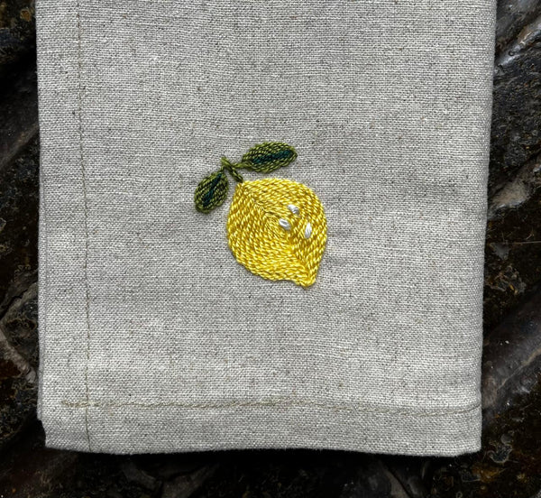 Set of 5 Hand Embroidered Pure Linen Cotton Serviettes - Apple, Cherry, Lemon, Pear, Strawberry