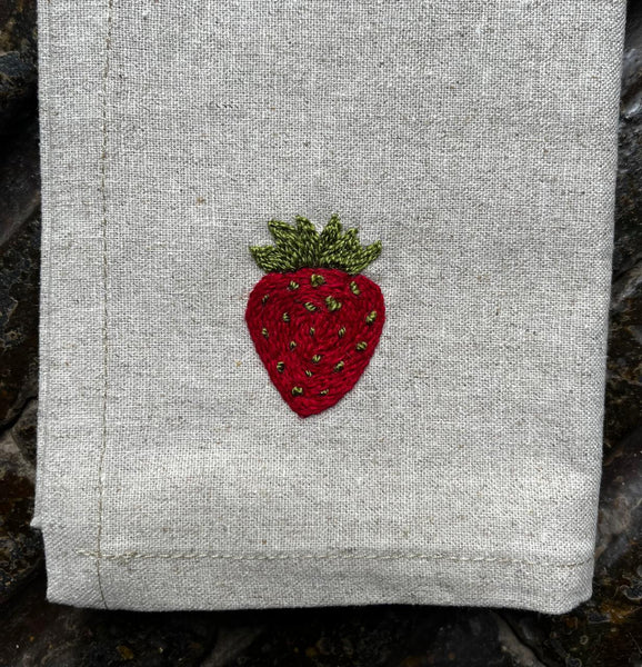 Set of 5 Hand Embroidered Pure Linen Cotton Serviettes - Apple, Cherry, Lemon, Pear, Strawberry