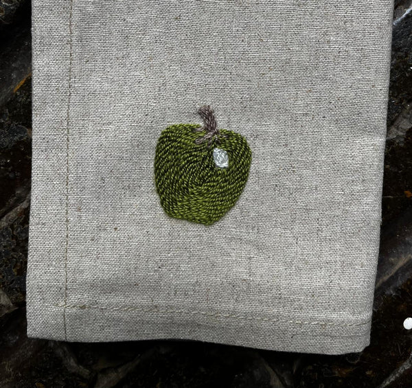 Set of 5 Hand Embroidered Pure Linen Cotton Serviettes - Apple, Cherry, Lemon, Pear, Strawberry