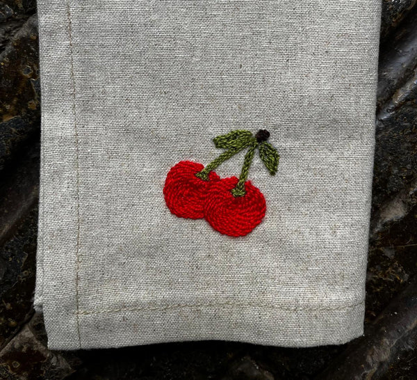 Set of 5 Hand Embroidered Pure Linen Cotton Serviettes - Apple, Cherry, Lemon, Pear, Strawberry