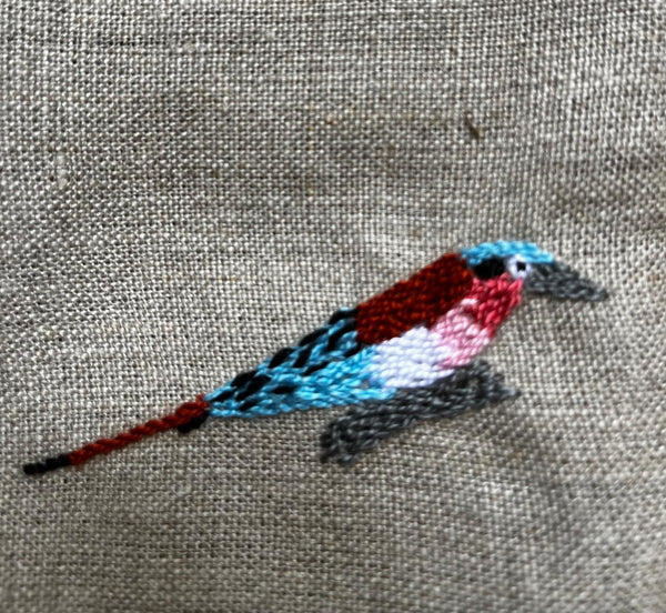 Set of 6 Hand Embroidered Linen Serviettes - Sunbird, Knysna Loerie, Malachite Kingfisher, Little Bee-Eater, Yellow Billed Hornbill, Carmine Bee-Eater