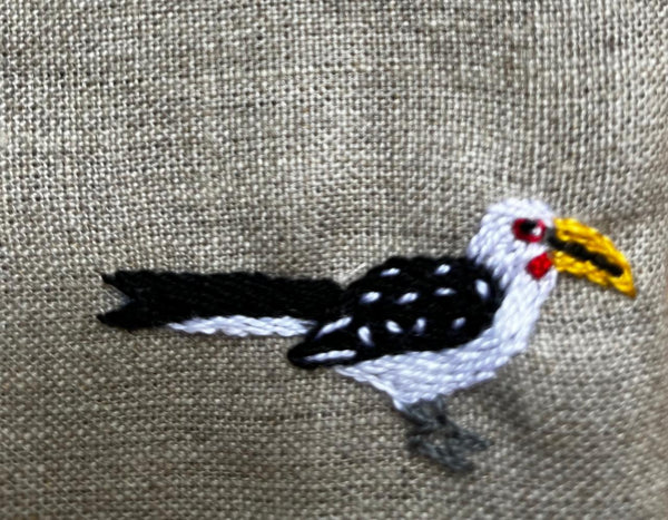 Set of 6 Hand Embroidered Linen Serviettes - Sunbird, Knysna Loerie, Malachite Kingfisher, Little Bee-Eater, Yellow Billed Hornbill, Carmine Bee-Eater