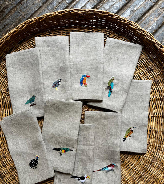 Set of 6 Hand Embroidered Linen Serviettes - Sunbird, Knysna Loerie, Malachite Kingfisher, Little Bee-Eater, Yellow Billed Hornbill, Carmine Bee-Eater