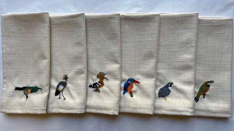 Set of 6 Hand Embroidered Pure Cotton Linen Look Serviettes - Sunbird, Crowned Crane, African Wood Hoopoe, Malachite King Fisher, Button Quail, Little Bee-Eater
