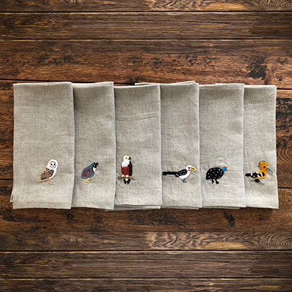 Beautiful South African themed gift of six serviettes with hand-embroidered birds