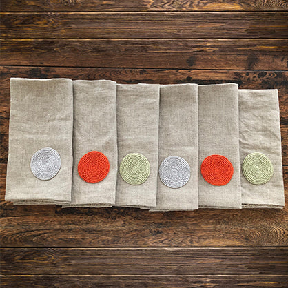 Serviette set - Embroidered orange and grey circles on natural linen